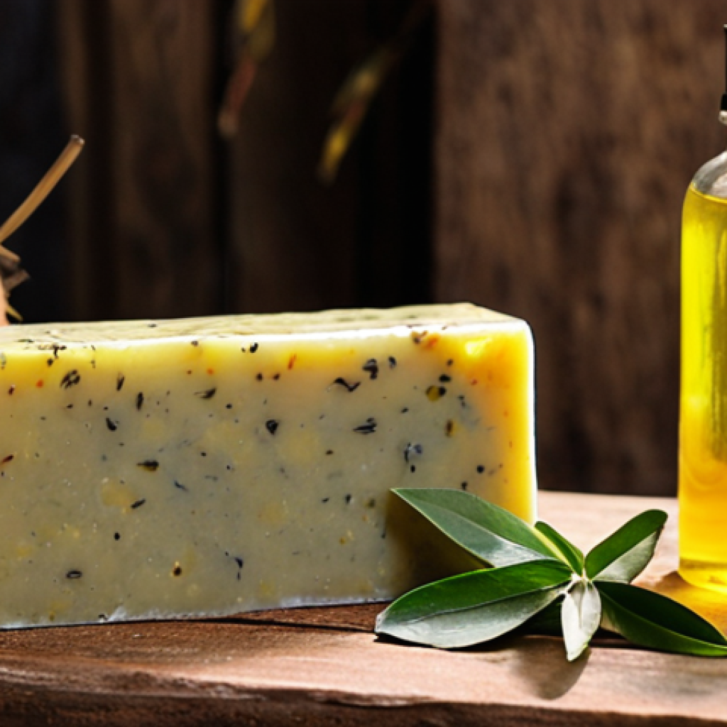 **Prompt for Natural Soap:**
    "Close-up of a rustic, handcrafted natural soap bar made with visible specks of dried herbs like turmeric and green tea. It sits on a wooden surface, surrounded by fresh botanicals, natural oils (coconut, olive), and small bottles of essential oils, all bathed in soft, warm light. Emphasize a sense of purity, gentle skincare, and artisanal quality, perhaps with a subtle background hint of a traditional Vietnamese workshop in Hoi An. Photorealistic, high detail."