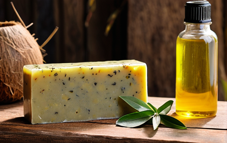 **Prompt for Natural Soap:**
    "Close-up of a rustic, handcrafted natural soap bar made with visible specks of dried herbs like turmeric and green tea. It sits on a wooden surface, surrounded by fresh botanicals, natural oils (coconut, olive), and small bottles of essential oils, all bathed in soft, warm light. Emphasize a sense of purity, gentle skincare, and artisanal quality, perhaps with a subtle background hint of a traditional Vietnamese workshop in Hoi An. Photorealistic, high detail."