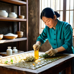 Artisan Soap Maker at Work**

A Vietnamese artisan soap maker carefully pouring a mixture of natural oils and herbs into wooden molds in a sunlit workshop, surrounded by dried flowers and traditional scales. Fully clothed, wearing appropriate attire, safe for work, perfect anatomy, natural proportions, professional photography, high quality, modest, family-friendly, appropriate content.

**