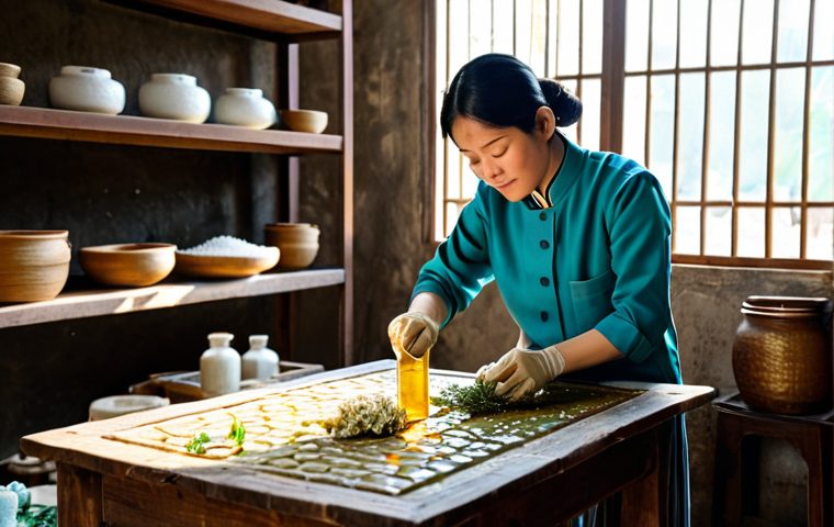 Artisan Soap Maker at Work**

A Vietnamese artisan soap maker carefully pouring a mixture of natural oils and herbs into wooden molds in a sunlit workshop, surrounded by dried flowers and traditional scales. Fully clothed, wearing appropriate attire, safe for work, perfect anatomy, natural proportions, professional photography, high quality, modest, family-friendly, appropriate content.

**