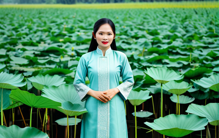 **

A professional Vietnamese woman in a modest Ao Dai (traditional Vietnamese dress), standing in a serene lotus field in the Mekong Delta, fully clothed, appropriate attire, safe for work, perfect anatomy, natural proportions, high-quality photography, bright daylight.

**