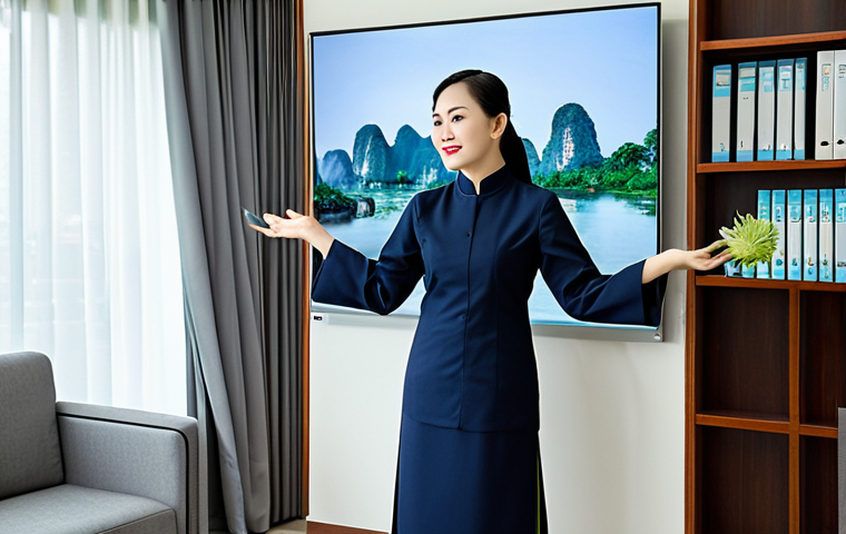 ** A professional businesswoman in a modest Ao Dai, presenting a slideshow in a modern Hanoi office. Fully clothed, appropriate attire, safe for work, perfect anatomy, natural proportions, professional photography, high quality. Family-friendly content.

**