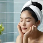 천연비누 피부 진정 효과 - **Prompt: Serene Skincare Ritual with Natural Soap in a Vietnamese Bathroom.**
    A close-up, high-...