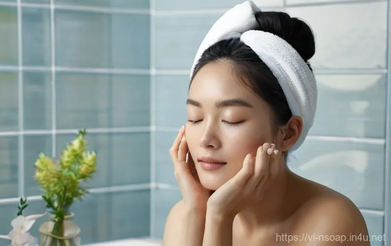 천연비누 피부 진정 효과 - **Prompt: Serene Skincare Ritual with Natural Soap in a Vietnamese Bathroom.**
    A close-up, high-...