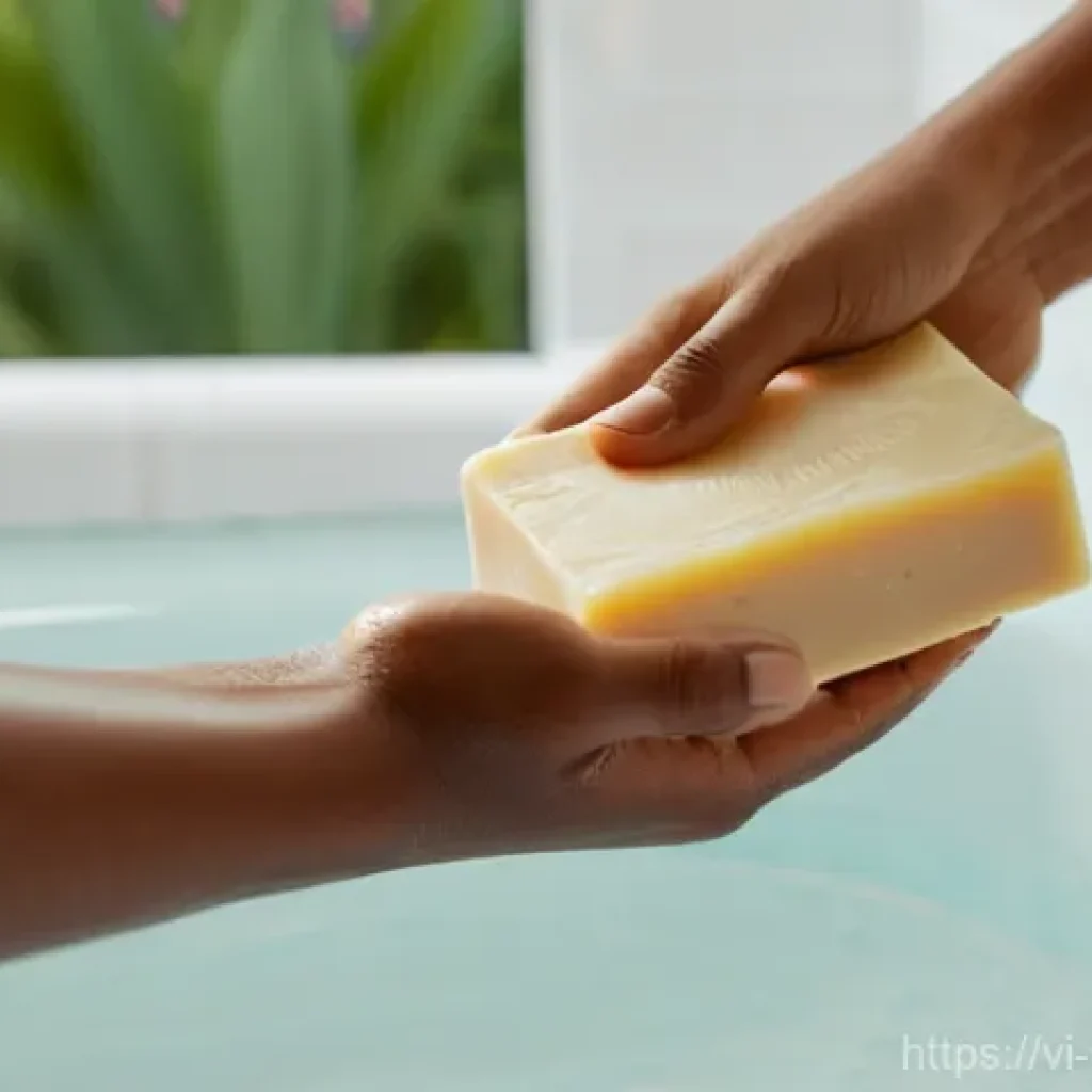 천연비누 고급 원료 - **Prompt:** "A close-up, soft-focus shot of a young adult's hand gently holding a bar of natural han...