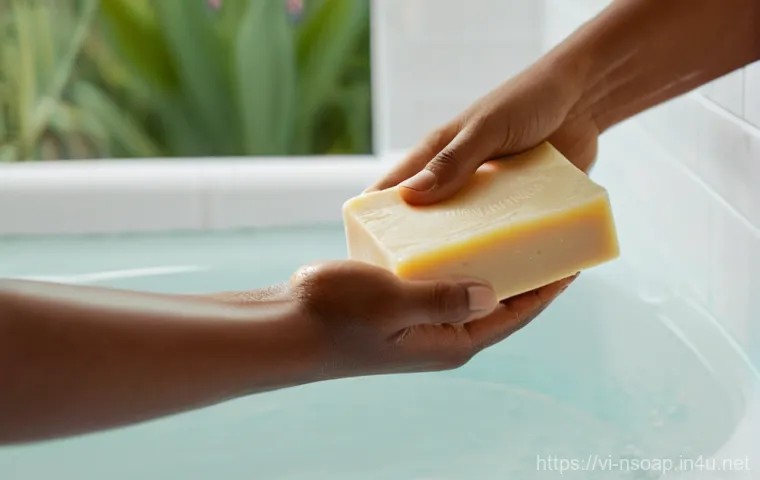 천연비누 고급 원료 - **Prompt:** "A close-up, soft-focus shot of a young adult's hand gently holding a bar of natural han...