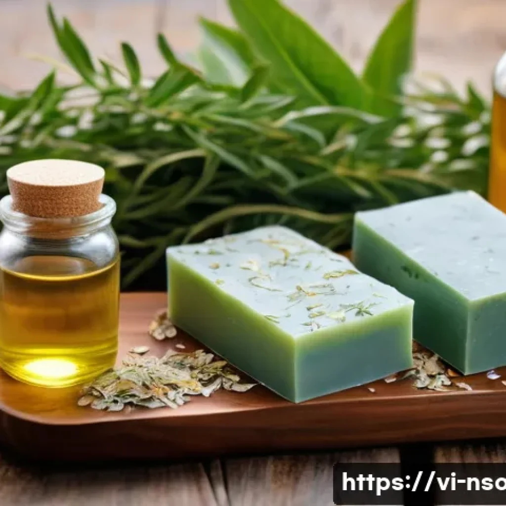 천연비누 수제 만들기 - A cozy home soap-making scene featuring natural ingredients arranged neatly: fresh green tea leaves ...