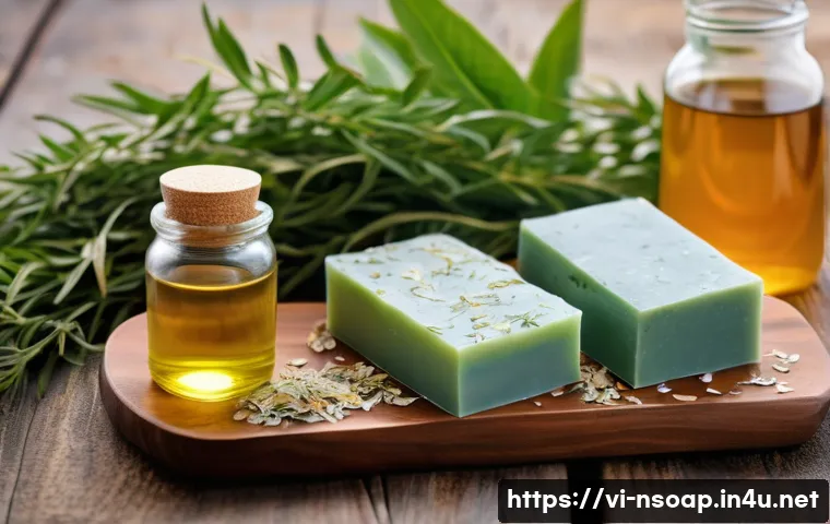 천연비누 수제 만들기 - A cozy home soap-making scene featuring natural ingredients arranged neatly: fresh green tea leaves ...
