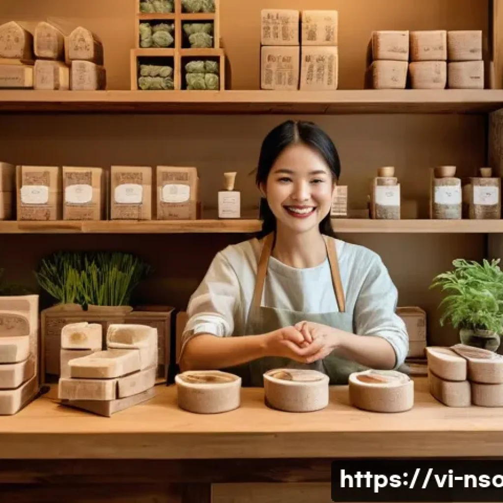 천연비누 판매방법 - A cozy Vietnamese natural soap shop interior featuring rustic wooden shelves filled with handmade or...