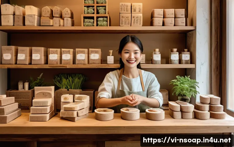 천연비누 판매방법 - A cozy Vietnamese natural soap shop interior featuring rustic wooden shelves filled with handmade or...