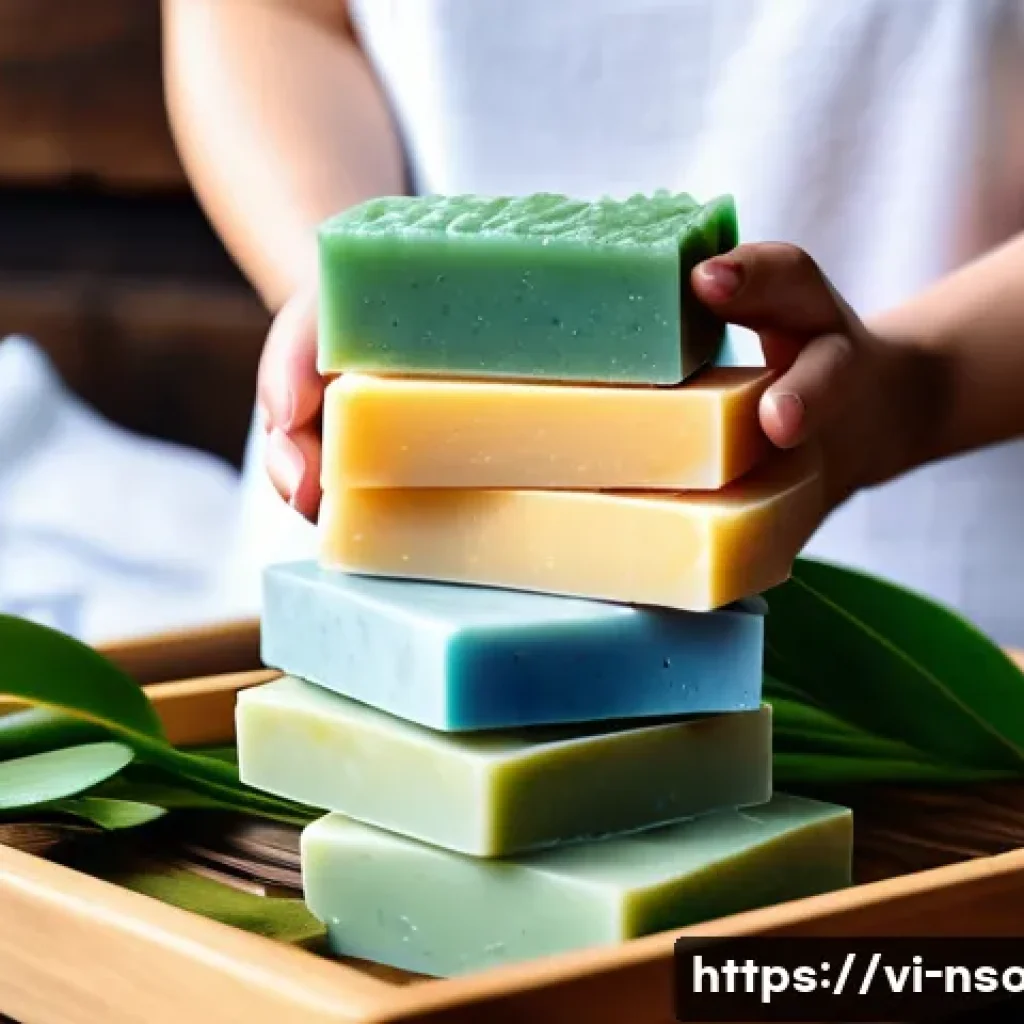 천연비누 종류 - A serene skincare scene featuring natural soap bars made with essential oils like tea tree, lavender...