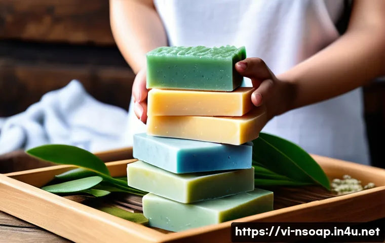 천연비누 종류 - A serene skincare scene featuring natural soap bars made with essential oils like tea tree, lavender...