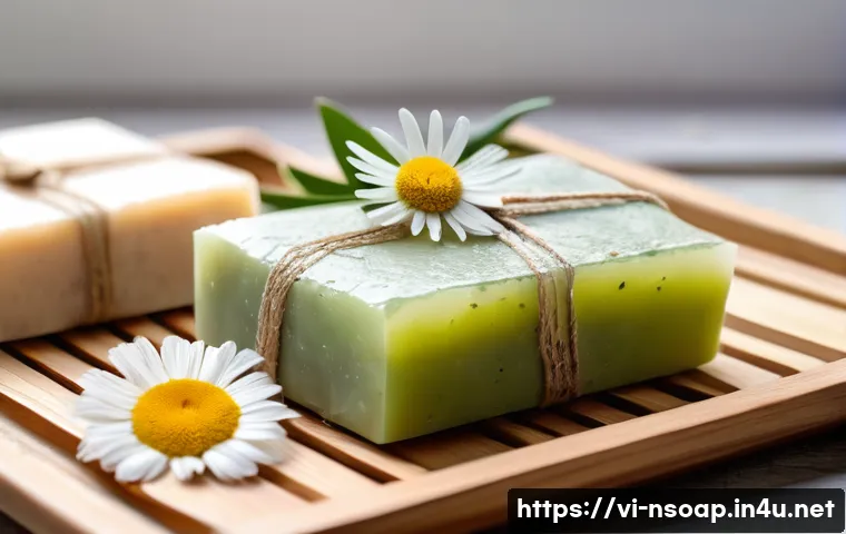 천연비누 피부 진정 - A serene spa setting featuring natural herbal soap bars made with aloe vera, green tea, chamomile, a...