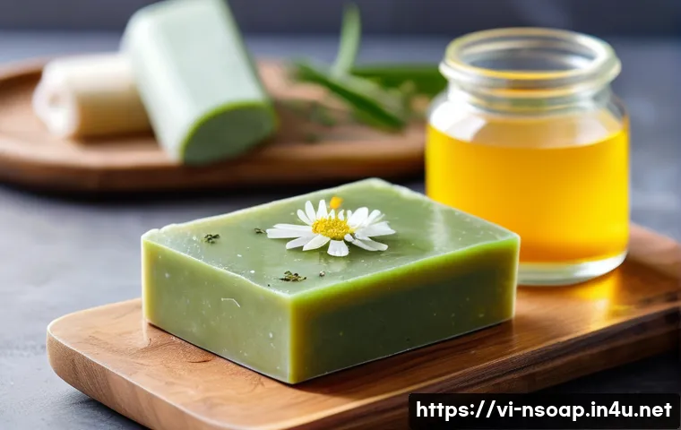 천연비누 장점 - A serene natural spa setting featuring handcrafted organic soap bars made from green tea, turmeric, ...