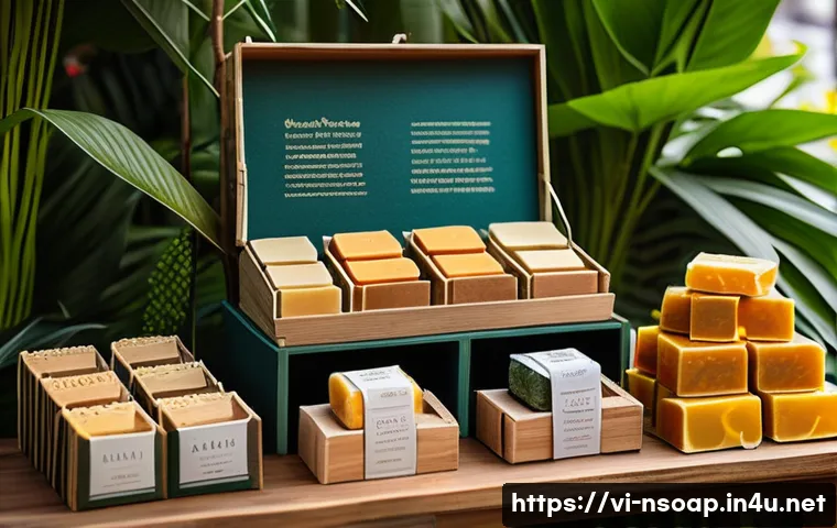 천연비누로 피지 관리 - A vibrant Vietnamese skincare market stall displaying a variety of natural handmade soaps tailored f...