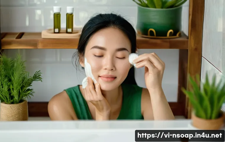 천연비누 피부 탄력 - A serene Vietnamese woman in her early 30s gently washing her face with natural herbal soap in a bri...