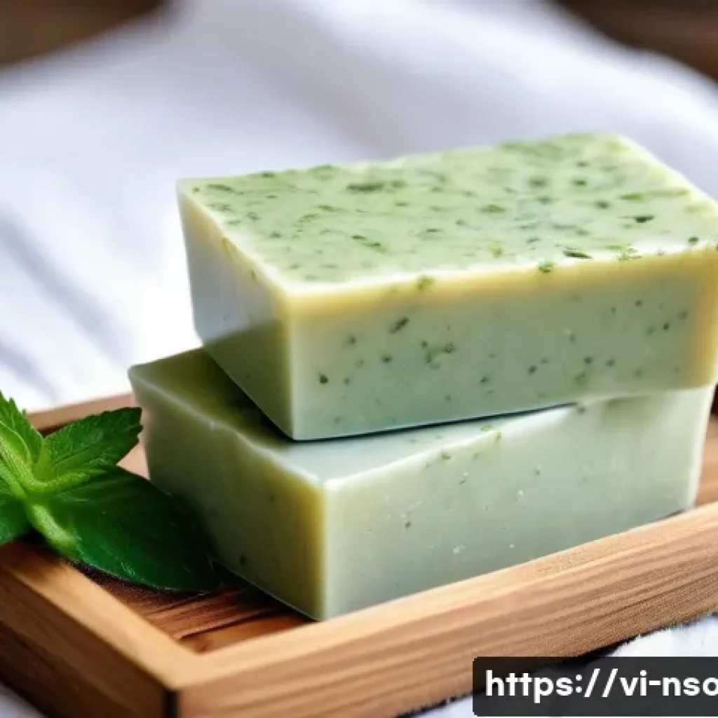 천연비누로 몸의 노폐물 배출 - A serene spa setting featuring natural herbal soaps made from green tea, shea butter, coconut oil, a...