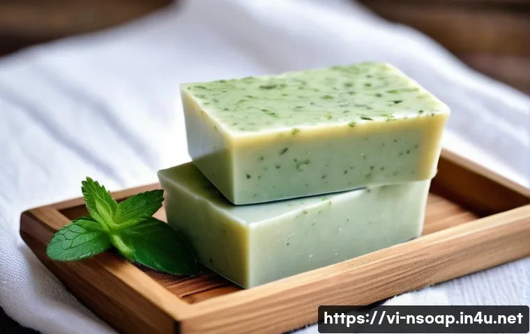 천연비누로 몸의 노폐물 배출 - A serene spa setting featuring natural herbal soaps made from green tea, shea butter, coconut oil, a...