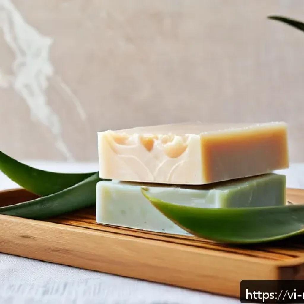 천연비누 매일 사용하는 법 - A serene spa scene featuring natural handmade soap bars on a wooden tray surrounded by fresh aloe ve...