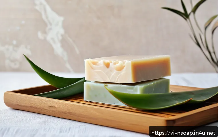천연비누 매일 사용하는 법 - A serene spa scene featuring natural handmade soap bars on a wooden tray surrounded by fresh aloe ve...