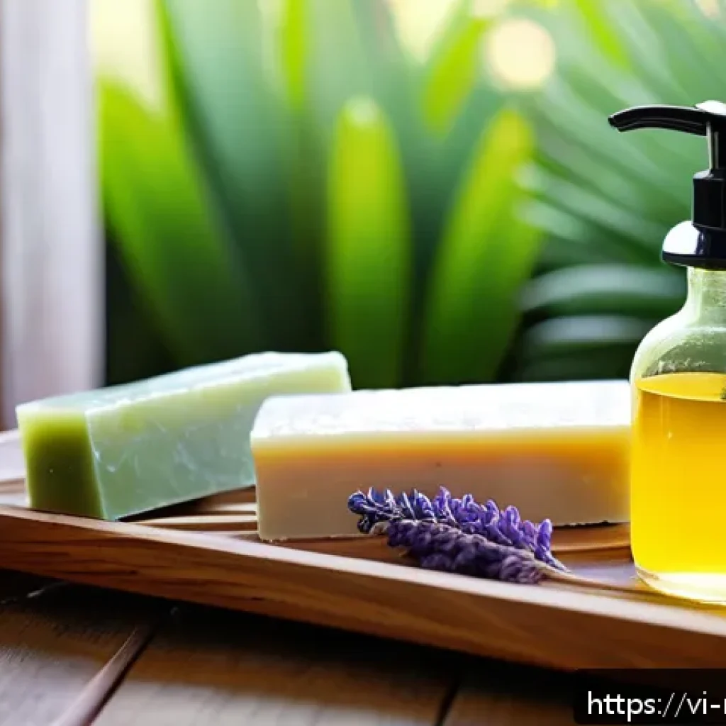 천연비누 효능과 특징 - A serene spa setting featuring natural herbal soap bars made from coconut oil, tea tree essential oi...