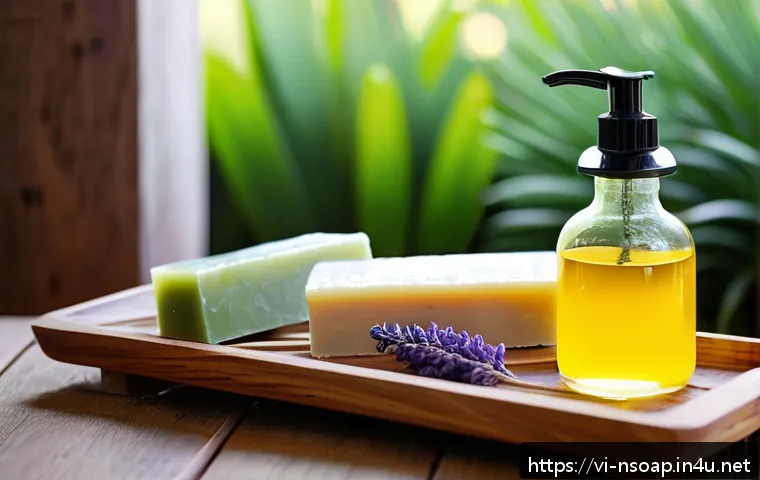 천연비누 효능과 특징 - A serene spa setting featuring natural herbal soap bars made from coconut oil, tea tree essential oi...
