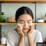 천연비누 민감성 피부 - A serene Vietnamese woman with sensitive skin gently washing her face using a natural herbal soap ba...