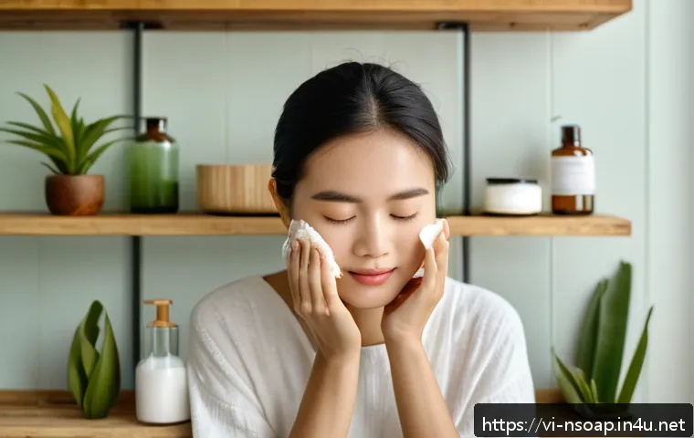 천연비누 민감성 피부 - A serene Vietnamese woman with sensitive skin gently washing her face using a natural herbal soap ba...