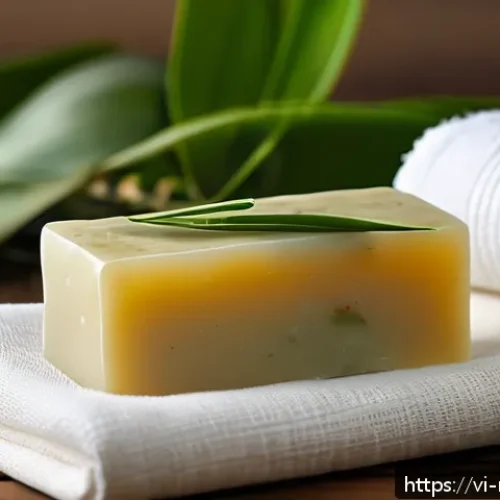천연비누 피부 관리 - A serene Vietnamese spa scene featuring a gentle, natural soap bar made from coconut oil, olive oil,...