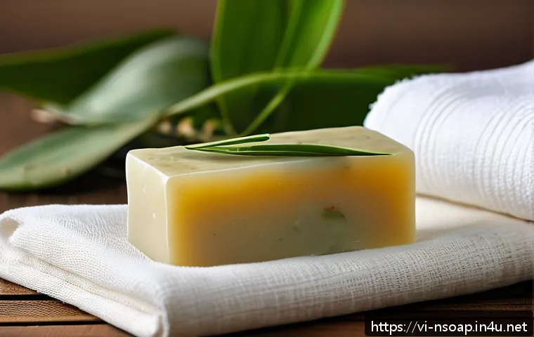 천연비누 피부 관리 - A serene Vietnamese spa scene featuring a gentle, natural soap bar made from coconut oil, olive oil,...