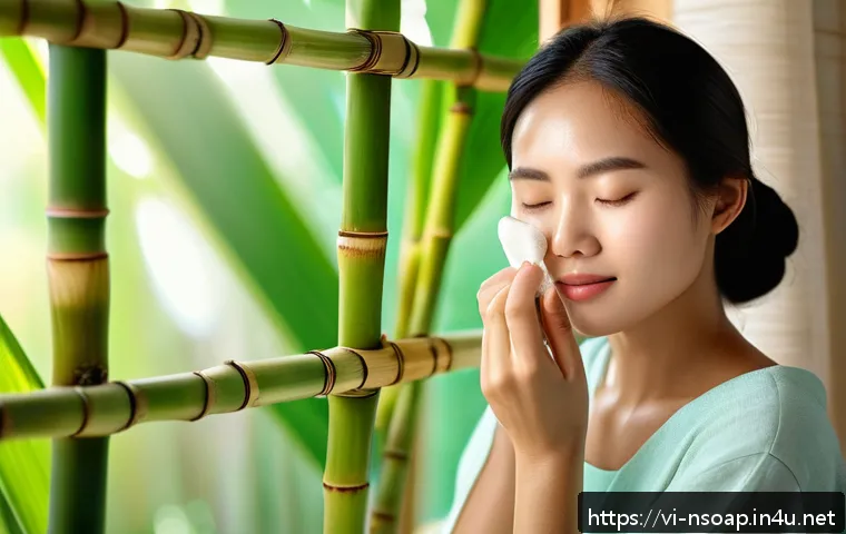 천연비누 오일 - A serene Vietnamese woman with sensitive skin gently washing her face using natural handmade soap en...
