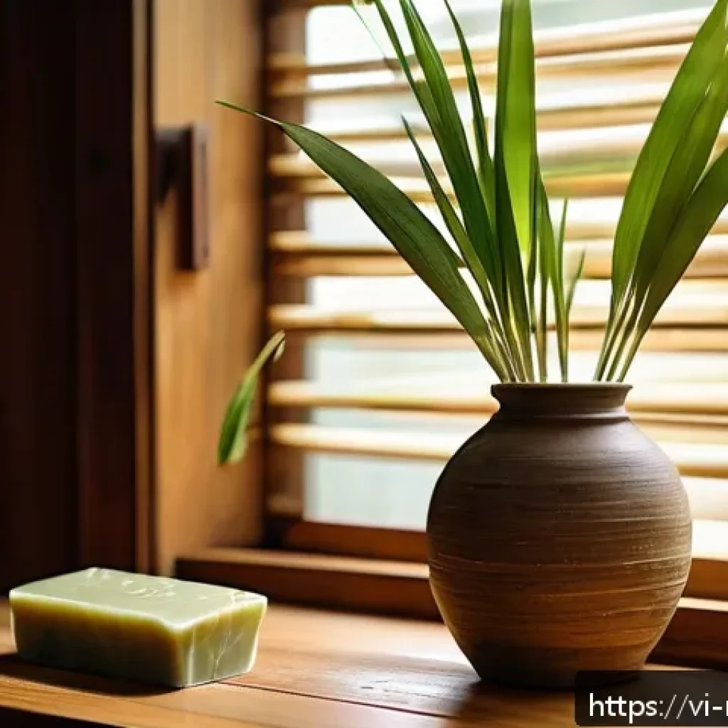 천연비누 화학물질 - A serene, natural bathroom setting in a Vietnamese home featuring artisanal natural soap bars made w...