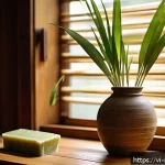 천연비누 화학물질 - A serene, natural bathroom setting in a Vietnamese home featuring artisanal natural soap bars made w...