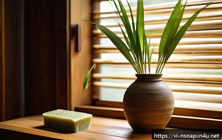 천연비누 화학물질 - A serene, natural bathroom setting in a Vietnamese home featuring artisanal natural soap bars made w...