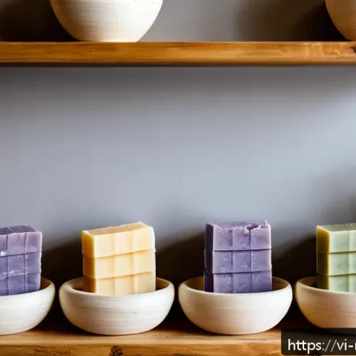 천연비누 피부 트러블 - A serene, sunlit Vietnamese natural skincare workshop showcasing handmade natural soap bars made wit...