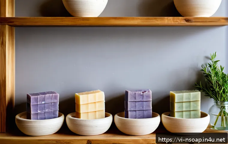 천연비누 피부 트러블 - A serene, sunlit Vietnamese natural skincare workshop showcasing handmade natural soap bars made wit...