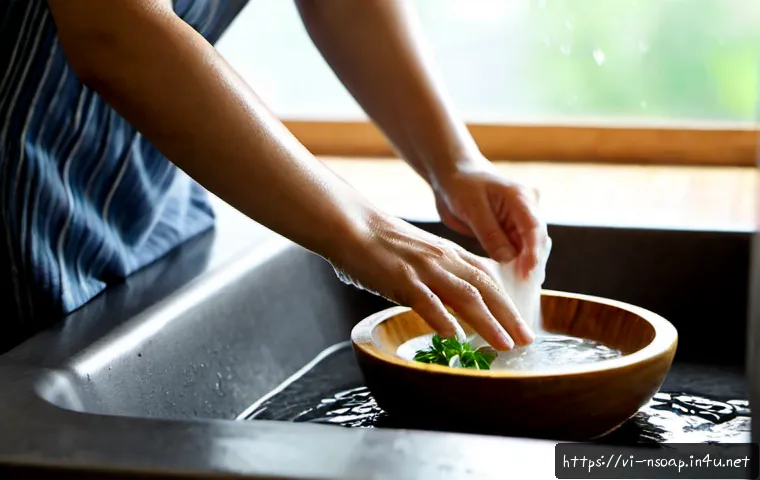 천연비누 효능과 부작용 분석 - Photorealistic close-up of a Vietnamese woman in her 40s calmly washing her hands with a handmade na...