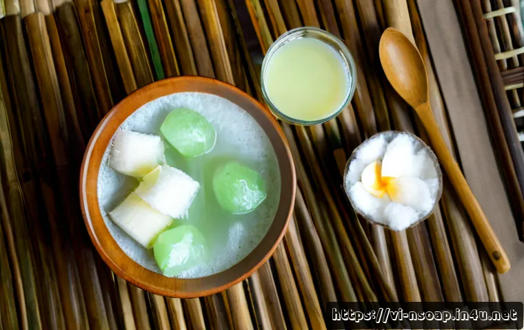 Home 17 천연비누 만드는 법 - Photorealistic overhead view of a Vietnamese home kitchen table set up for making natural soap, clea...