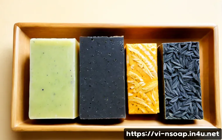 Home 17 천연비누 종류별 효능 - Photorealistic overhead comparison of handmade natural soap varieties on a clean bamboo tray: creamy...